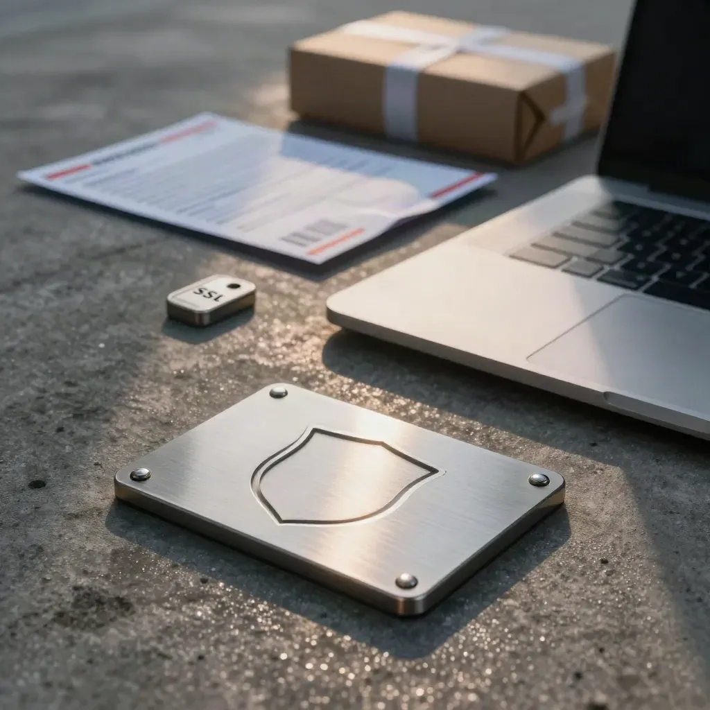 Brushed-metal trust seal, angled laptop, privacy folder, mailer and SSL token in moody rain-lit scene.