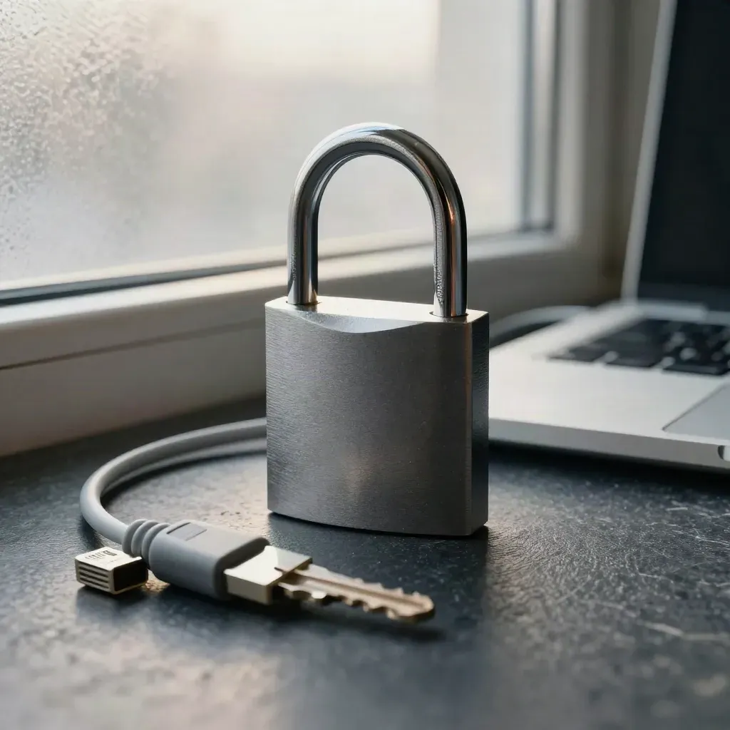 Padlock keychain, security token, ethernet lead and closed laptop at dawn