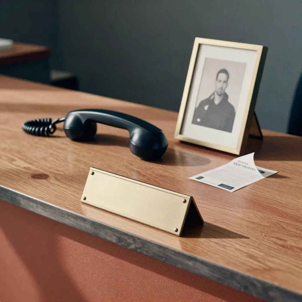 Service desk items shifting together: plaque, handset, proof photo and seal stickers