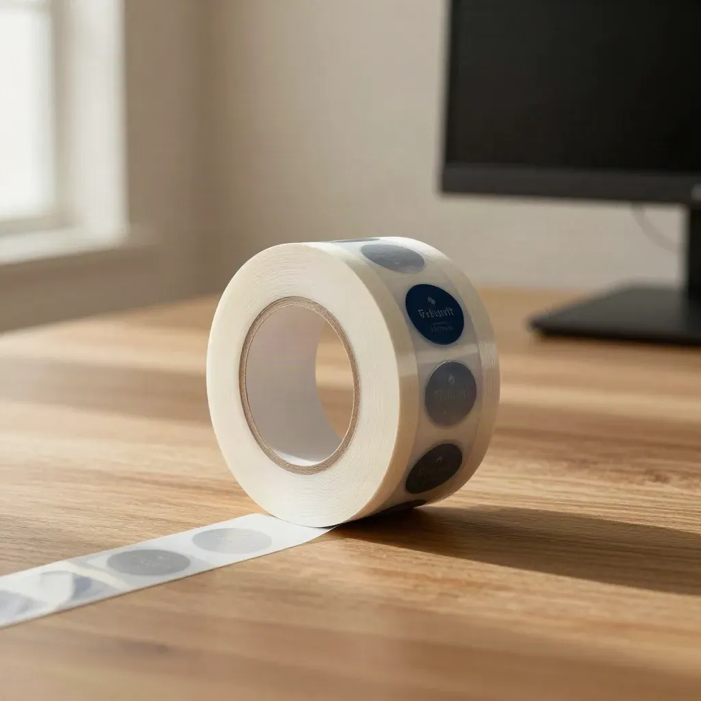 Trust seal sticker roll, backing sheets, and monitor stand on a warm oak workspace.